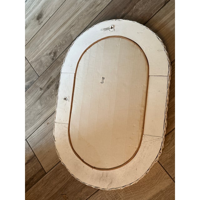 Farmhouse Vintage White Wicker Oval Wall Mirror Coastal Boho Cottage 28”x18” For Sale - Image 3 of 9