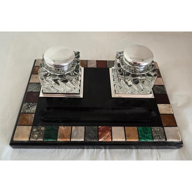 Antique Victorian Ashford Black Marble Pietra Dura Twin Inkwell Stand, 1865 For Sale - Image 4 of 18
