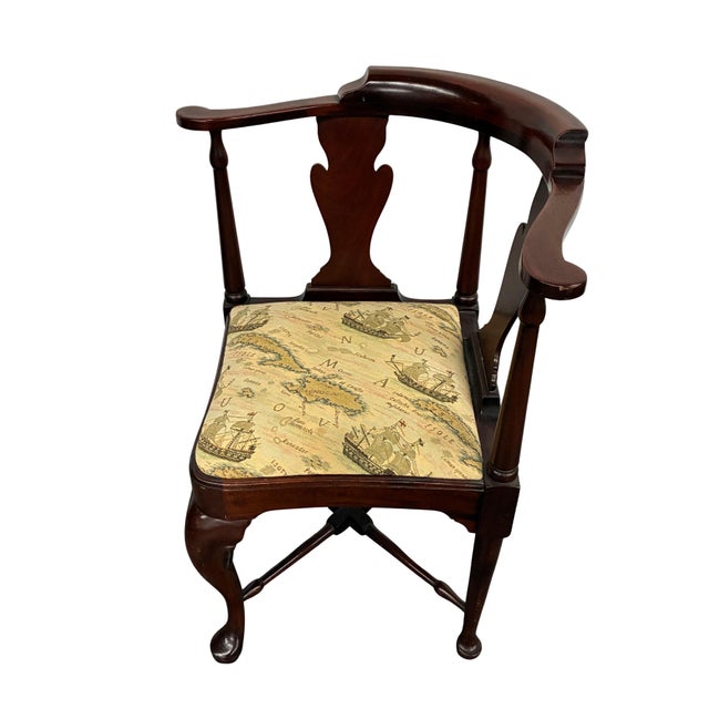 Vintage Queen Anne Style Corner Chair With Nautical Map & Sailing Ship Upholstery For Sale - Image 4 of 12