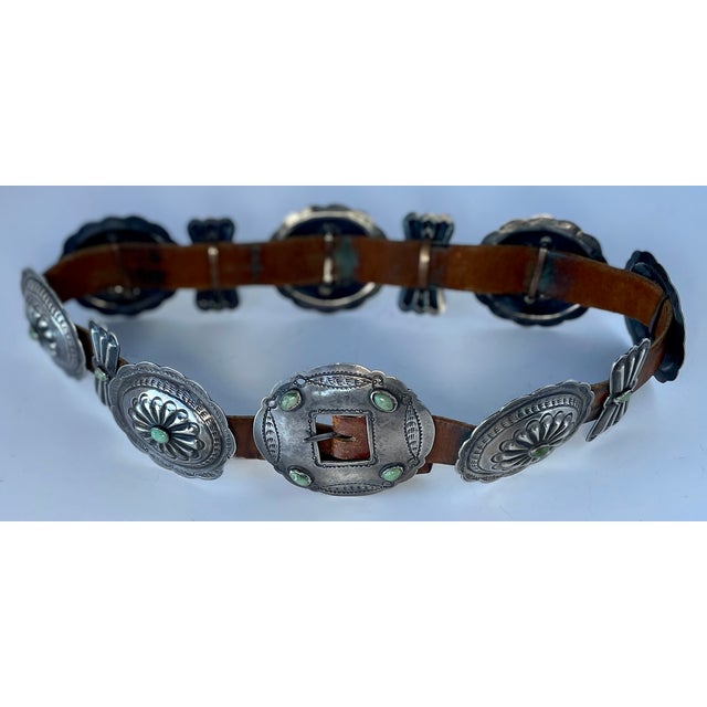 Rustic 1930s Antique Silver and Turquoise 11 Concho Belt For Sale - Image 3 of 5