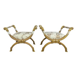 Pair of Italian Neoclassical Curule Stools W/ Fortuny Upholstery For Sale