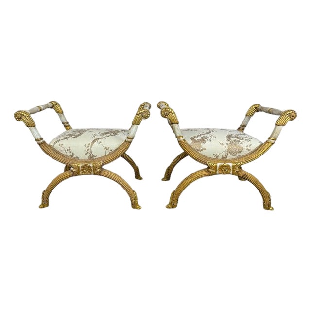 Pair of Italian Neoclassical Curule Stools W/ Fortuny Upholstery For Sale