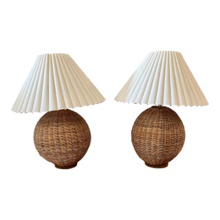 Vintage Wicker Table Lamps With Pleated Shades - Pair For Sale