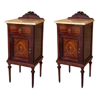 20th Century Pair of Louis XVI Style Marble-Top, Bronze and Walnut Nightstands For Sale
