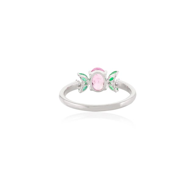 White Genuine Pink Sapphire and Emerald Flower Ring in 14Karat White Gold Size 7 For Sale - Image 8 of 13