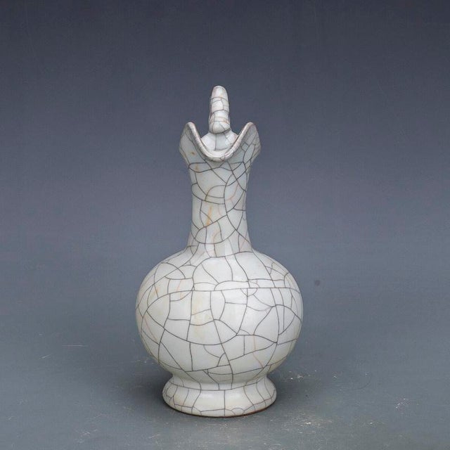 Art Deco Chinese Ceramic Wine Pot Guan Ware Crackle Glaze Celadon Flagon For Sale - Image 3 of 13