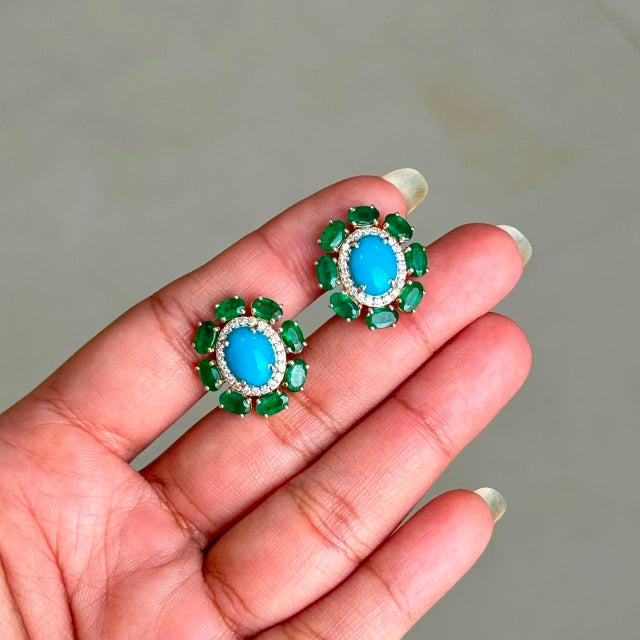 Contemporary Retro 6.53ct Turquoise Emerald & Diamond Floral Stud Earrings in 14k Gold- 2 Pieces For Sale - Image 3 of 16