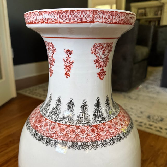 Vintage 24" Chinese Famille Rose Floor Vases - Matching Pair, Crane & Peony Motif For Sale - Image 4 of 12