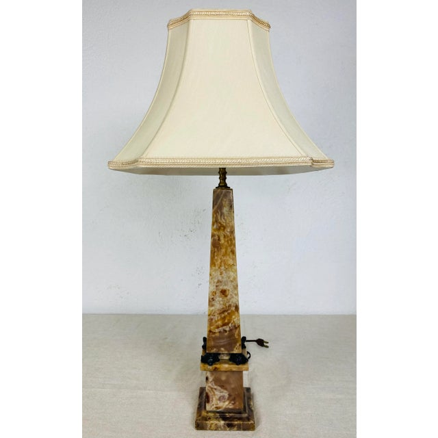 Handsome Mid Century Vintage Hand Carved Alabaster Obelisk Table Lamp. For Sale - Image 11 of 12