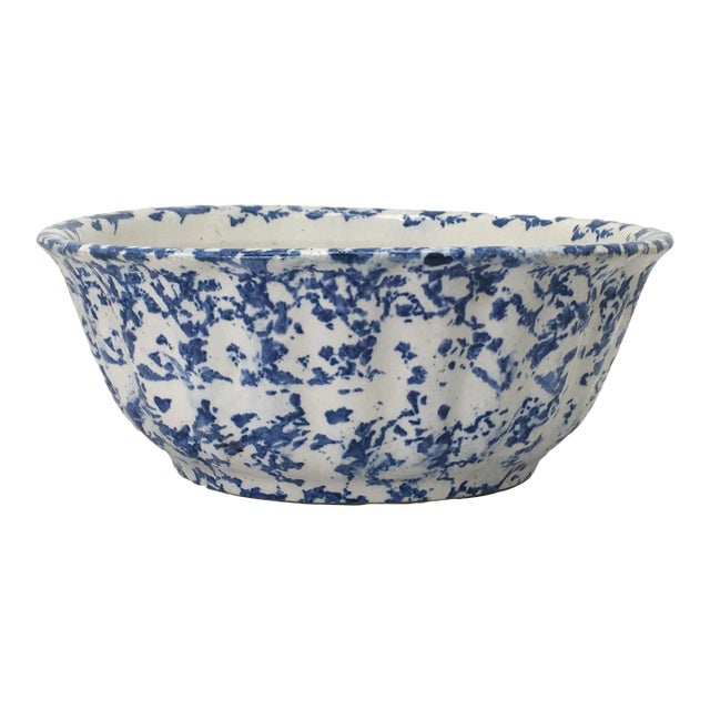 Large 11 1/2 Inch Size Antique American Blue Spongeware Decorated Stoneware Kitchen Mixing Bowl For Sale