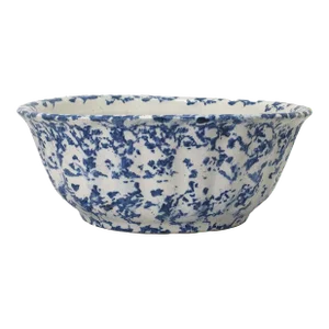 Large 11 1/2 Inch Size Antique American Blue Spongeware Decorated Stoneware Kitchen Mixing Bowl
