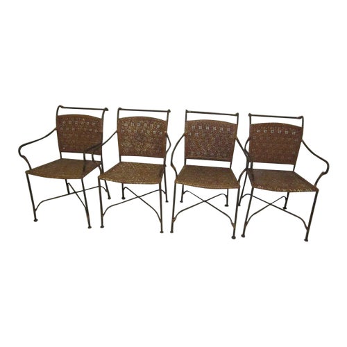 1980s Metal Armchairs Chairs with Woven Leather Seats Set of