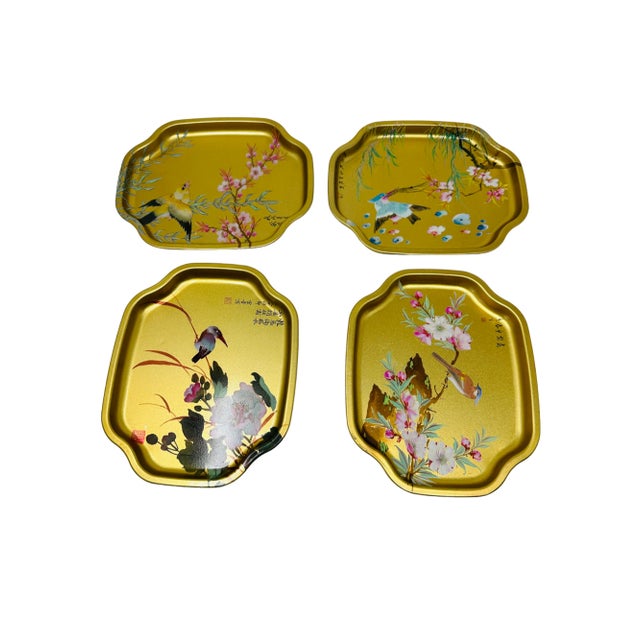 Vintage Enameled Chinoiserie Appetizer/Dessert Plates Made in England a Set of 4 L 7.5" W 5.125" H .5"