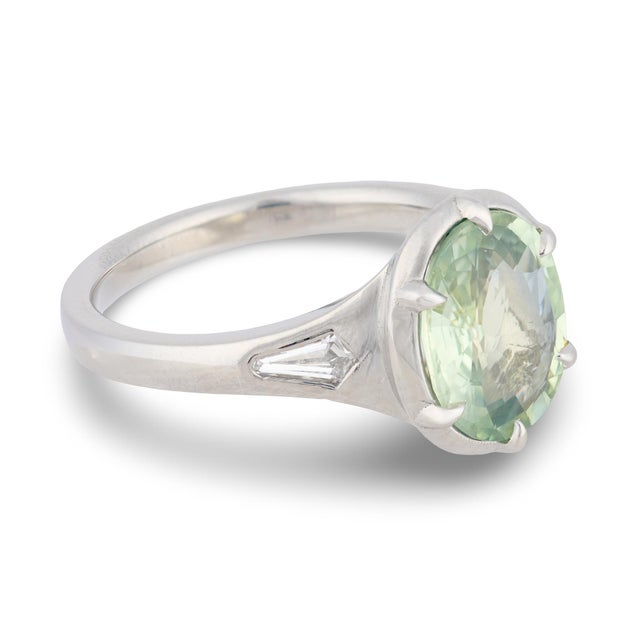 Gia 2.77 Carat No Heat Green Sapphire Diamond Platinum Engagement Ring, Size 6.5 For Sale - Image 4 of 7