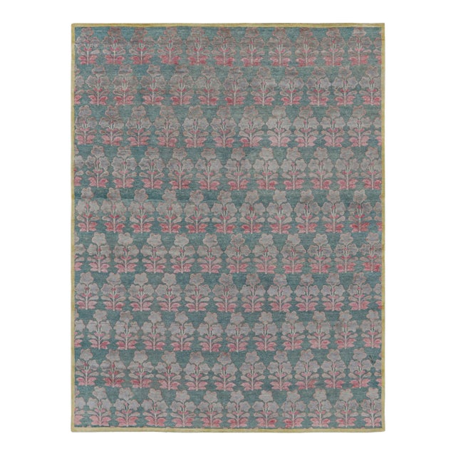 Rug & Kilim’s Block Print Rug Design with Pink and Green Floral Pattern - 3x12 For Sale