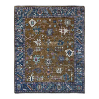 Oushak Handmade Wool Rug in Olive Brown and Blue For Sale