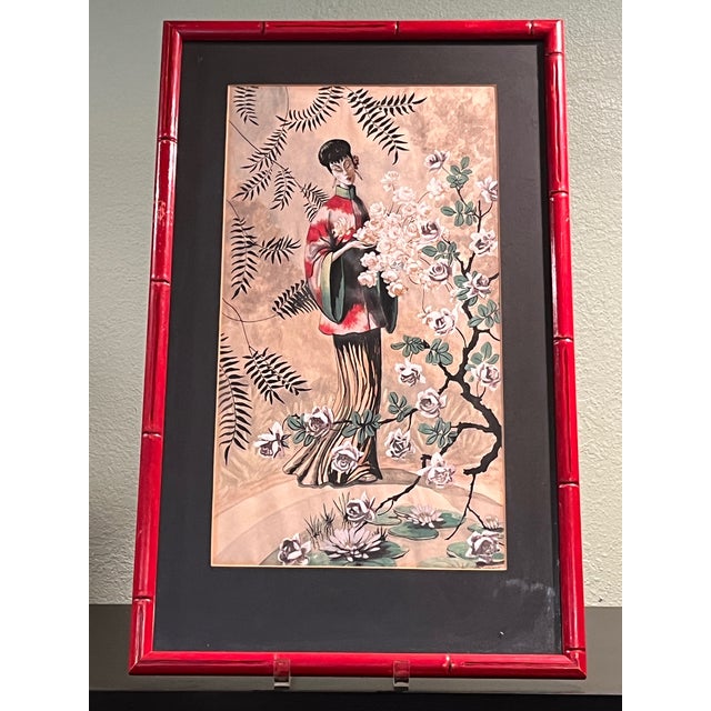 Vintage Mid Century Chinoiserie Pair Framed Prints D. Voaguest Red Faux Bamboo 24" For Sale - Image 4 of 12