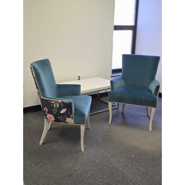 Blue Twin Blue Velvet Floral/Peacock Accent Chairs For Sale - Image 8 of 8