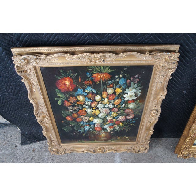 Vintage Flemish Style Floral Still Life After Pieter Bruegel Signed Oil Painting For Sale - Image 15 of 16