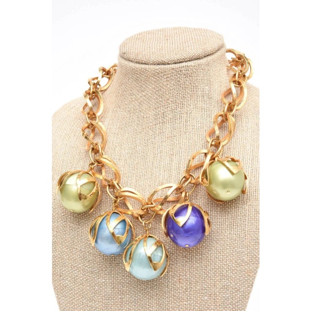 Vintage French Dominique Aurientis Gold Link With Blue, Green, Turquoise Resin Ball Necklace 80's For Sale - Image 4 of 9