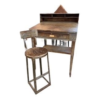 Vintage Mid-20th Century Industrial Steel Shop Desk & Matching Stool For Sale