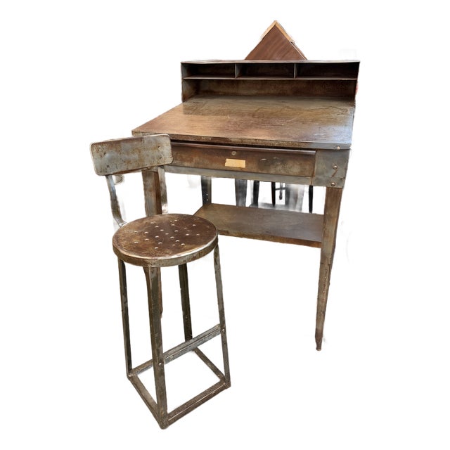 Vintage Mid-20th Century Industrial Steel Shop Desk & Matching Stool For Sale