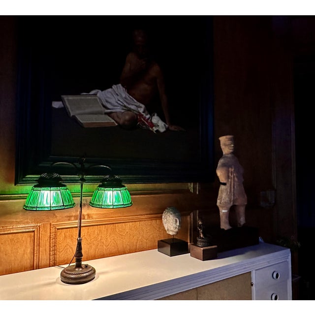 Rare Green Linenfold Double Student Table Lamp Tiffany Studio For Sale - Image 18 of 18