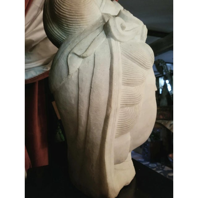 Alabaster Antique Chinese Female Marble Bust with Black Wooden Pedestal For Sale - Image 8 of 12