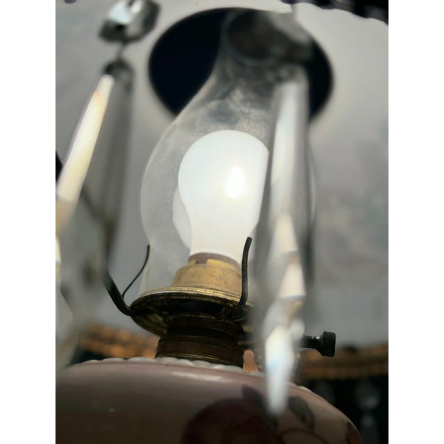 Antique Victorian Floral Painted Glass & Brass Hanging Chandelier With Crystal Prisms For Sale - Image 15 of 16