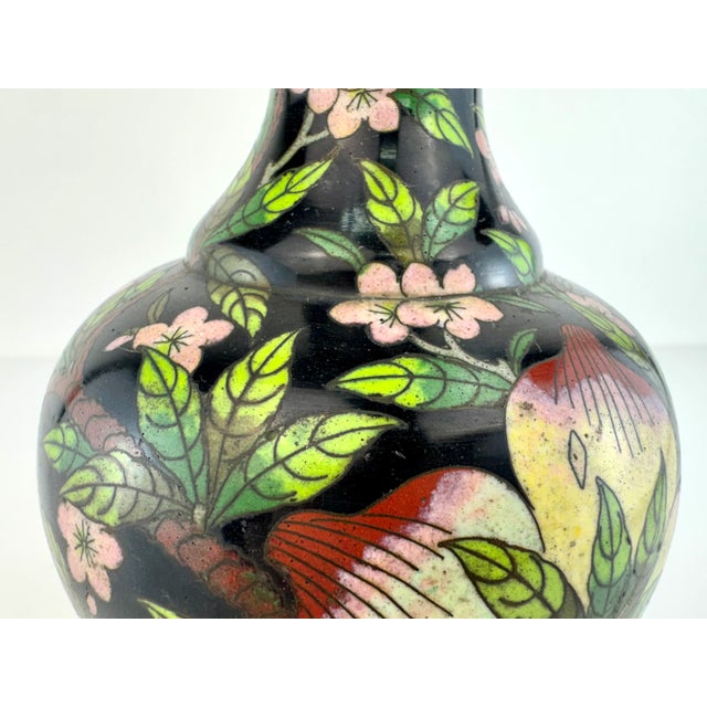 Black Vintage Cloisonné Floral Vase With Black Ground and Cherry Blossom Motif For Sale - Image 8 of 14