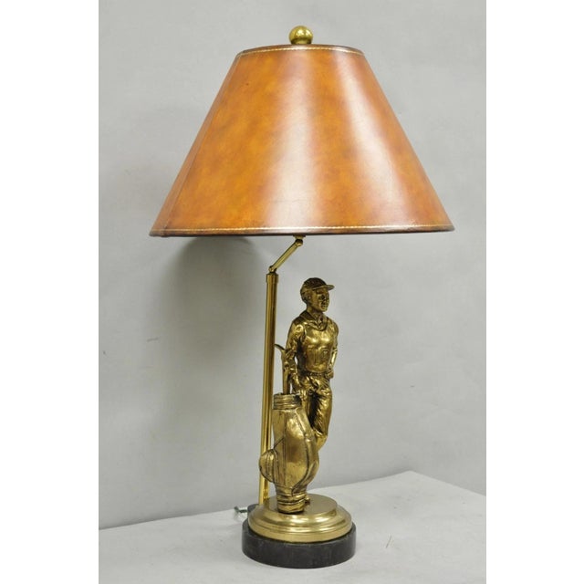 Vintage Maitland Smith Bronze Figure Golfer Sculpture Table Lamp W Leather Shade For Sale - Image 12 of 18