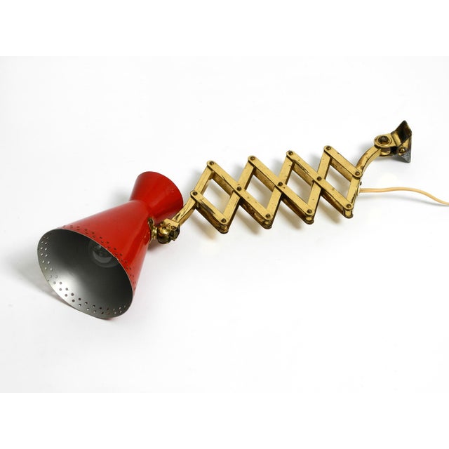 Mid-Century Brass Extendable Scissor Wall Lamp with Aluminum Diabolo Shade in Red and Brass, 1950s For Sale - Image 18 of 18