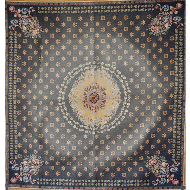 Blue Flemish Tapestry Wall Hanging Aubusson Style Printed Cotton Floral Medallion 40s For Sale - Image 8 of 17