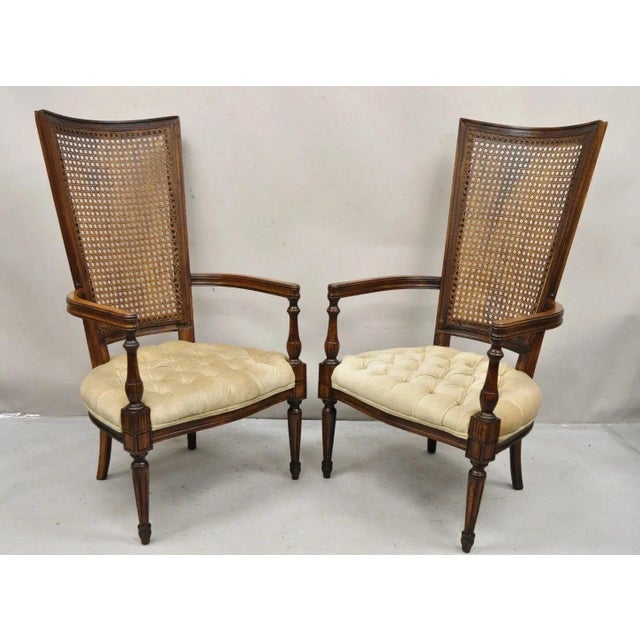 Vintage Hollywood Regency Tall Cane Back Fireside Lounge Armchairs - a Pair. Circa Mid 20th Century. Measurements: 47" H x...