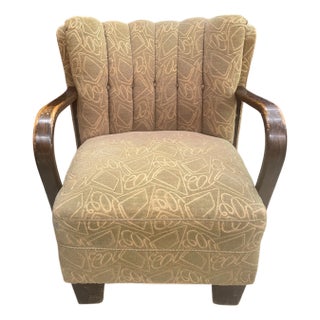 Art Deco German Armchair with Bentwood Armrests and Green Brocade Upholstery, 1940s For Sale