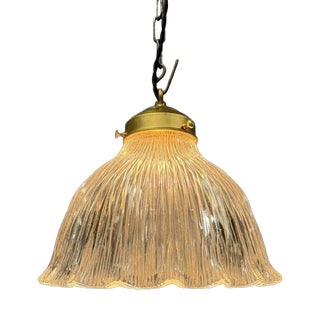 Pressed Glass Pendant Lamp with Brass Fixture from Holophane, 1930s For Sale