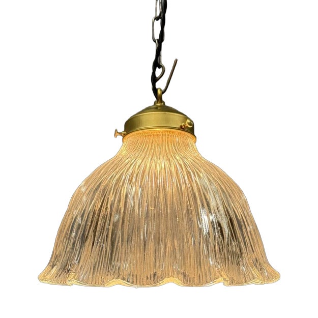 Pressed Glass Pendant Lamp with Brass Fixture from Holophane, 1930s For Sale