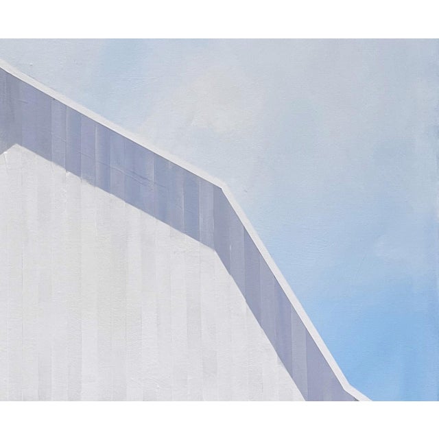 Down in the Valley by Justin Wheatley is an acrylic painting on canvas of a white gambrel barn standing in an open green...