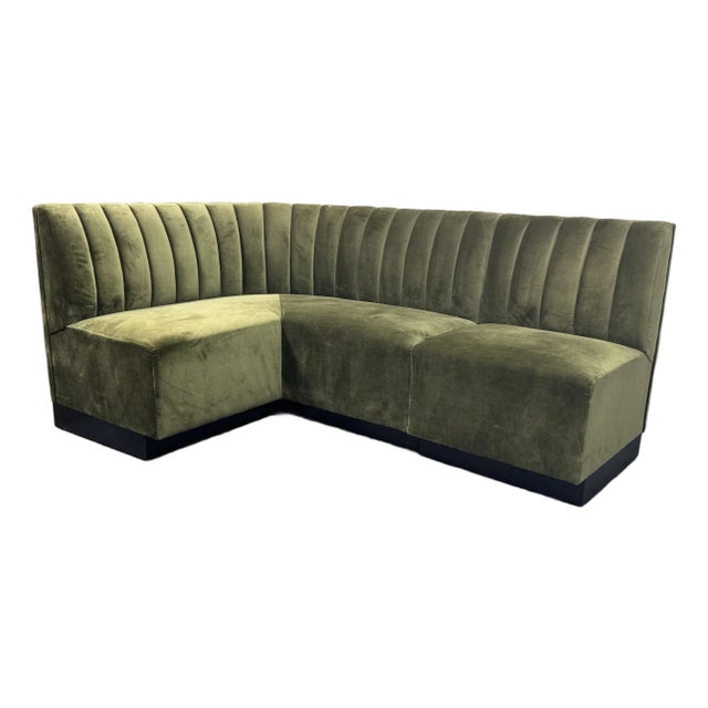 Williams-Sonoma Garbo Olive Green Velvet Curved Banquet, Set of Two For Sale