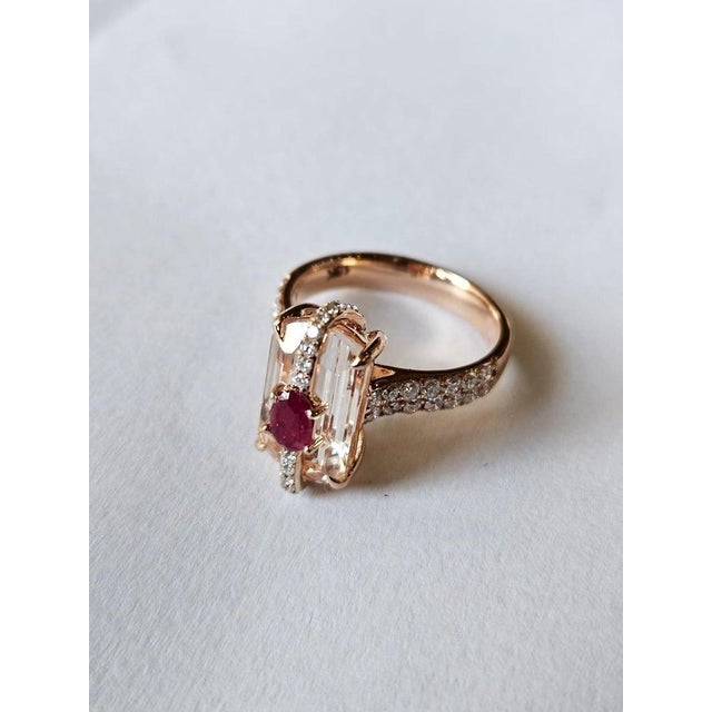 Set in 18k Rose Gold, Morganite, Mozambique Ruby & Diamonds Engagement Ring, Us Size 6.75 For Sale - Image 6 of 10