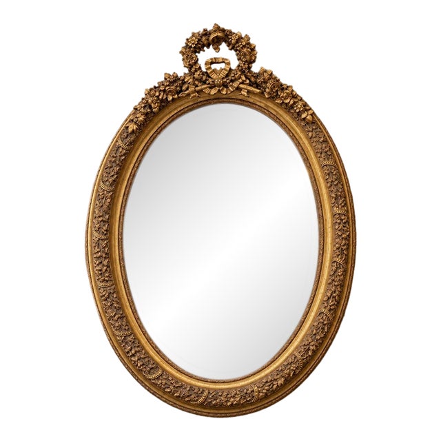 1970 Artisan Louis XVI Gold Beech Oval Wall Mirror For Sale