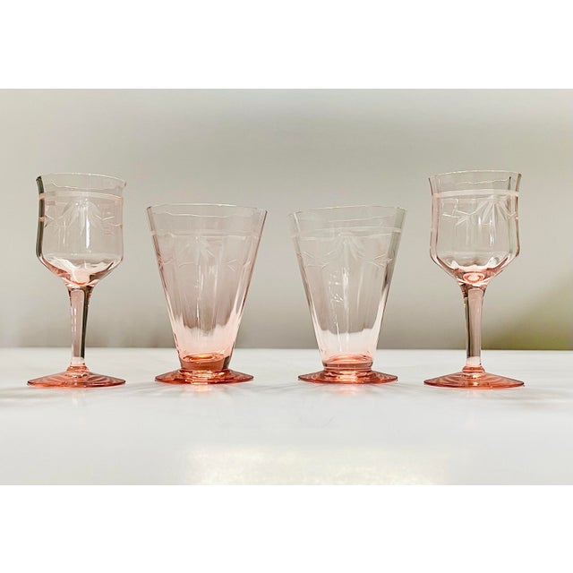 Vintage Pink Glassware Set- 2 Wine Glasses & 2 Footed Tumblers For Sale - Image 11 of 12