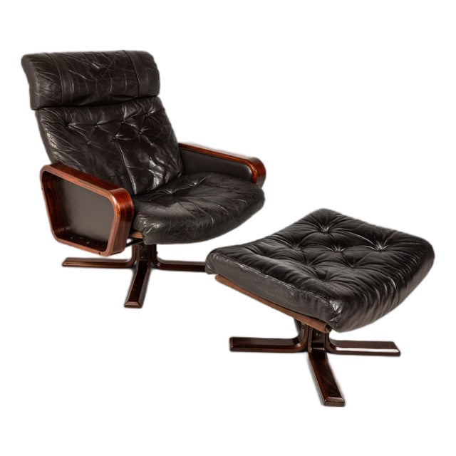 Scandinavian Modern Lounge Chair & Ottoman Set in Beech & Leather by Soda Galvano for Vatne Mobler, Norway, C. 1970s For Sale