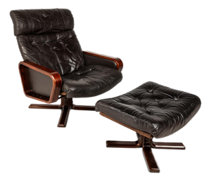 Scandinavian Modern Lounge Chair & Ottoman Set in Beech & Leather by Soda Galvano for Vatne Mobler, Norway, C. 1970s