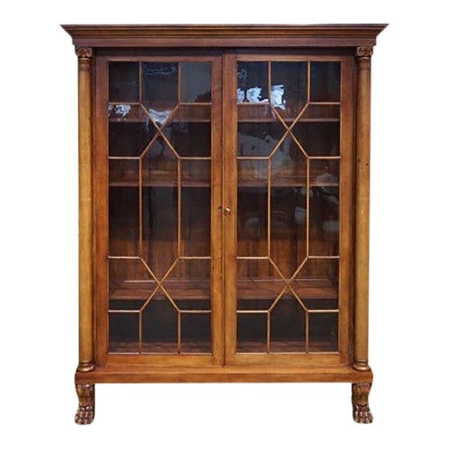 Antique American Empire Carved Wood Double Glass Door Bookcase For Sale