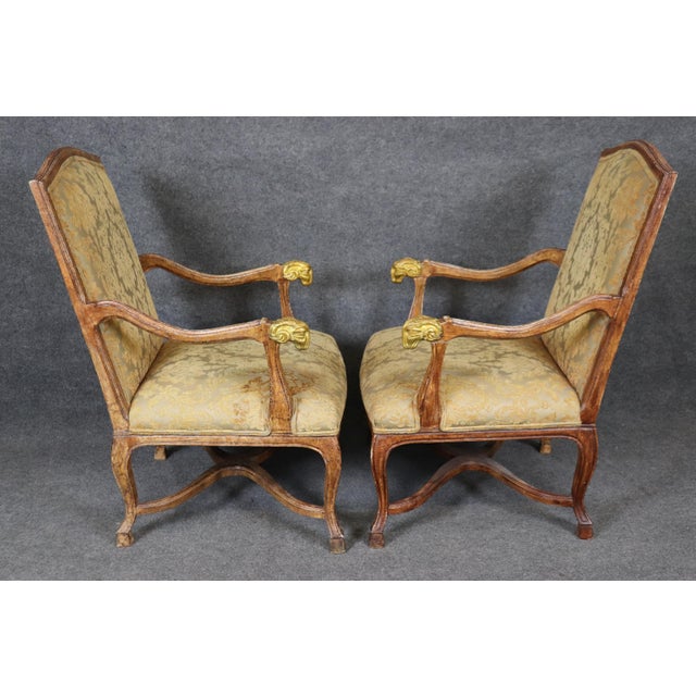 French Fantastic Pair of Gilded Rams Head French Carved Walnut Armchairs Circa 1920 For Sale - Image 3 of 12