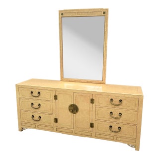 Vintage Chinoiserie Dresser and Mirror With Brass Accents by White Furniture For Sale