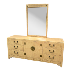 Vintage Chinoiserie Dresser and Mirror With Brass Accents by White Furniture