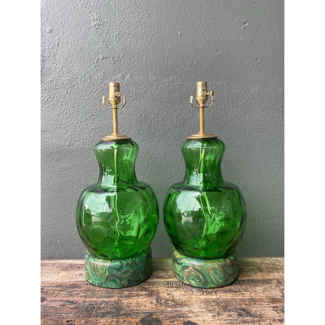 Vintage Hand Painted Malachite Plinth Glass Lamps - A Pair For Sale - Image 11 of 12