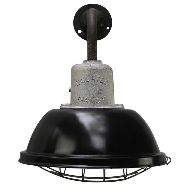 Vintage Industrial French Black Enamel Factory Wall Light For Sale - Image 4 of 11